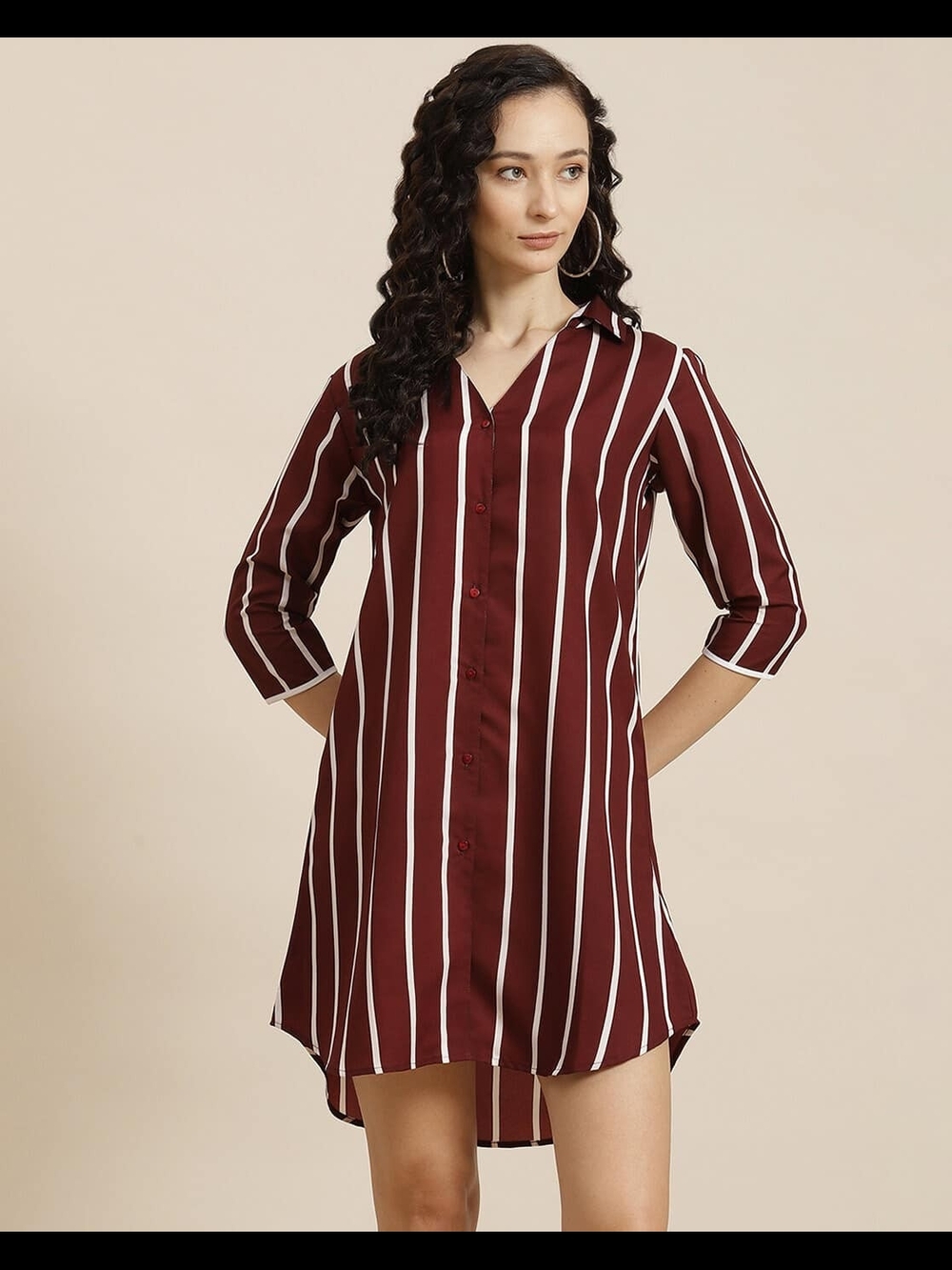 J for Justify Burgundy and White Vertical Stripe Long Sleeve Shirt Dress